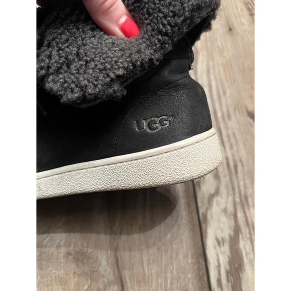 Women's UGG Black Leather Gray Shearling High Top Sneakers Size 7 - Picture 7 of 14